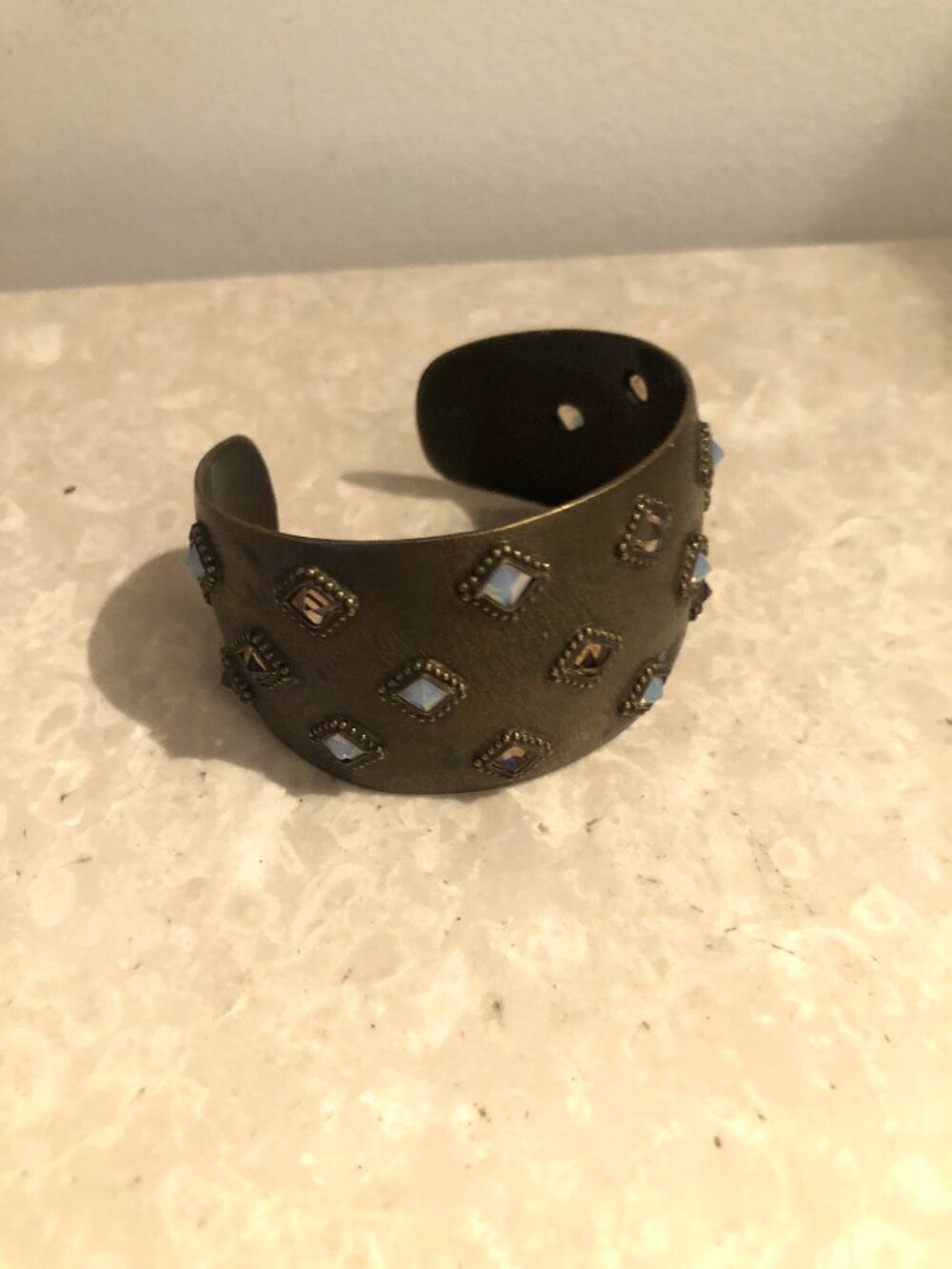 Bronze Deep Antique Gold metal Cuff Bangle with White Opal Cream Faux Gemstones